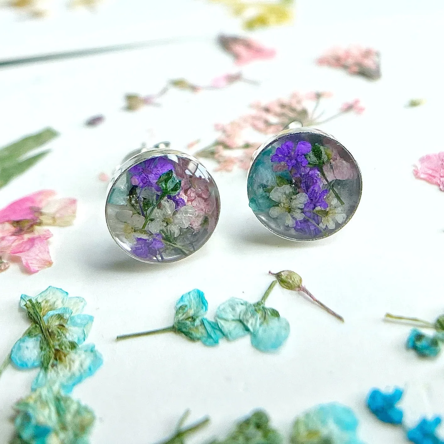 Real Flowers Terrarium Stud Earrings - Style BG13