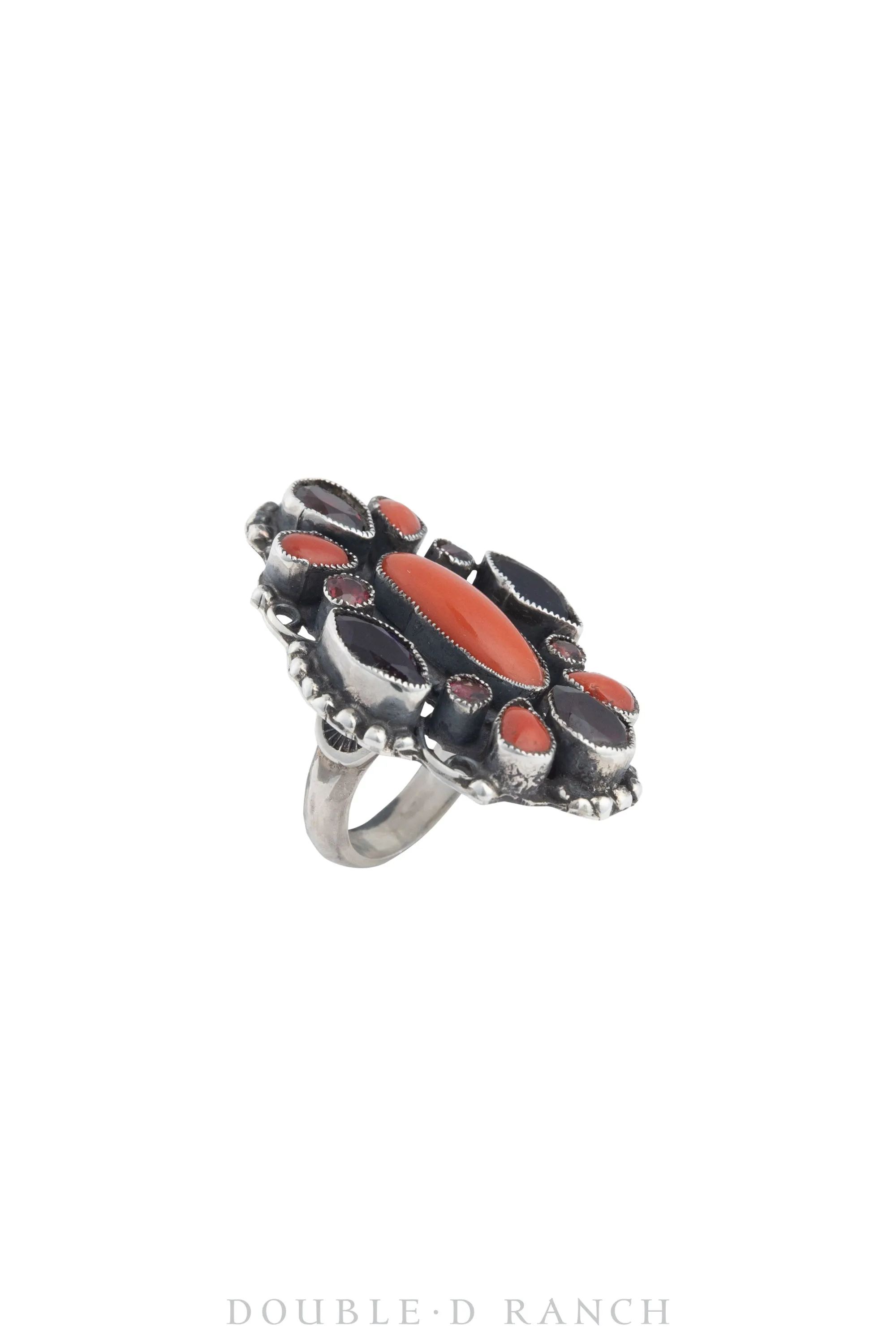 Ring, Cluster, Coral & Ruby Gemstones, Leo Feeney Hallmark, Contemporary, 1346