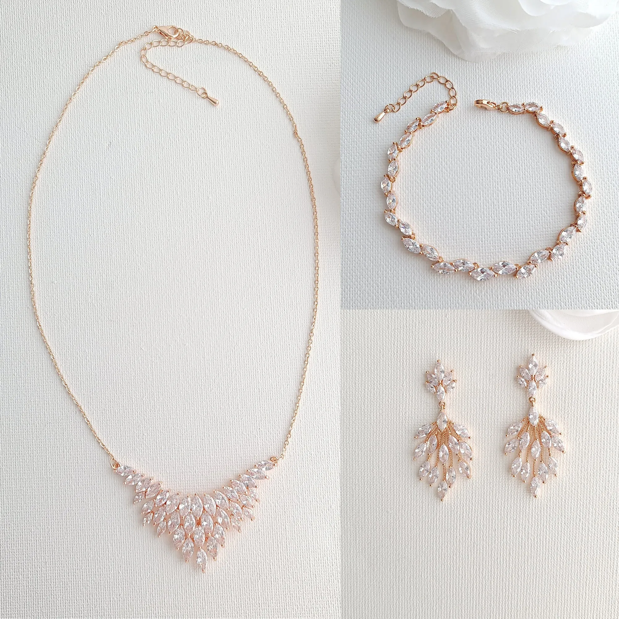 Rose Gold Jewelry Set of Earrings, Necklace, Bracelet -Belle