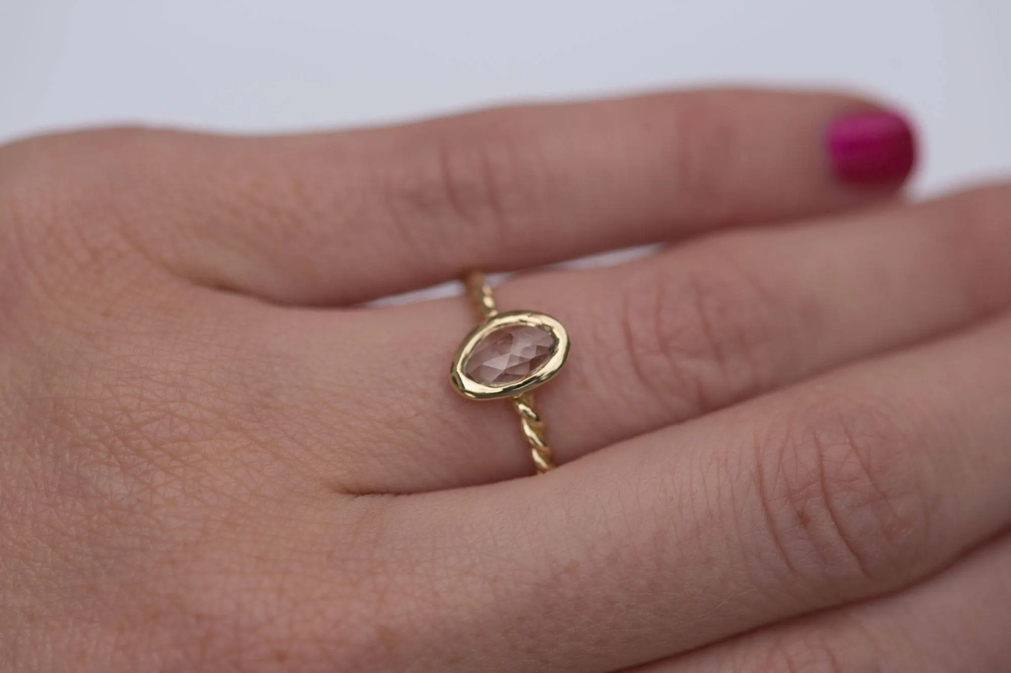 Rosecut White Sapphire Rope Twist Ring - Hand carved yellow gold ring in recycled gold - white rosecut  -  Unique Engagement Ring by Anueva