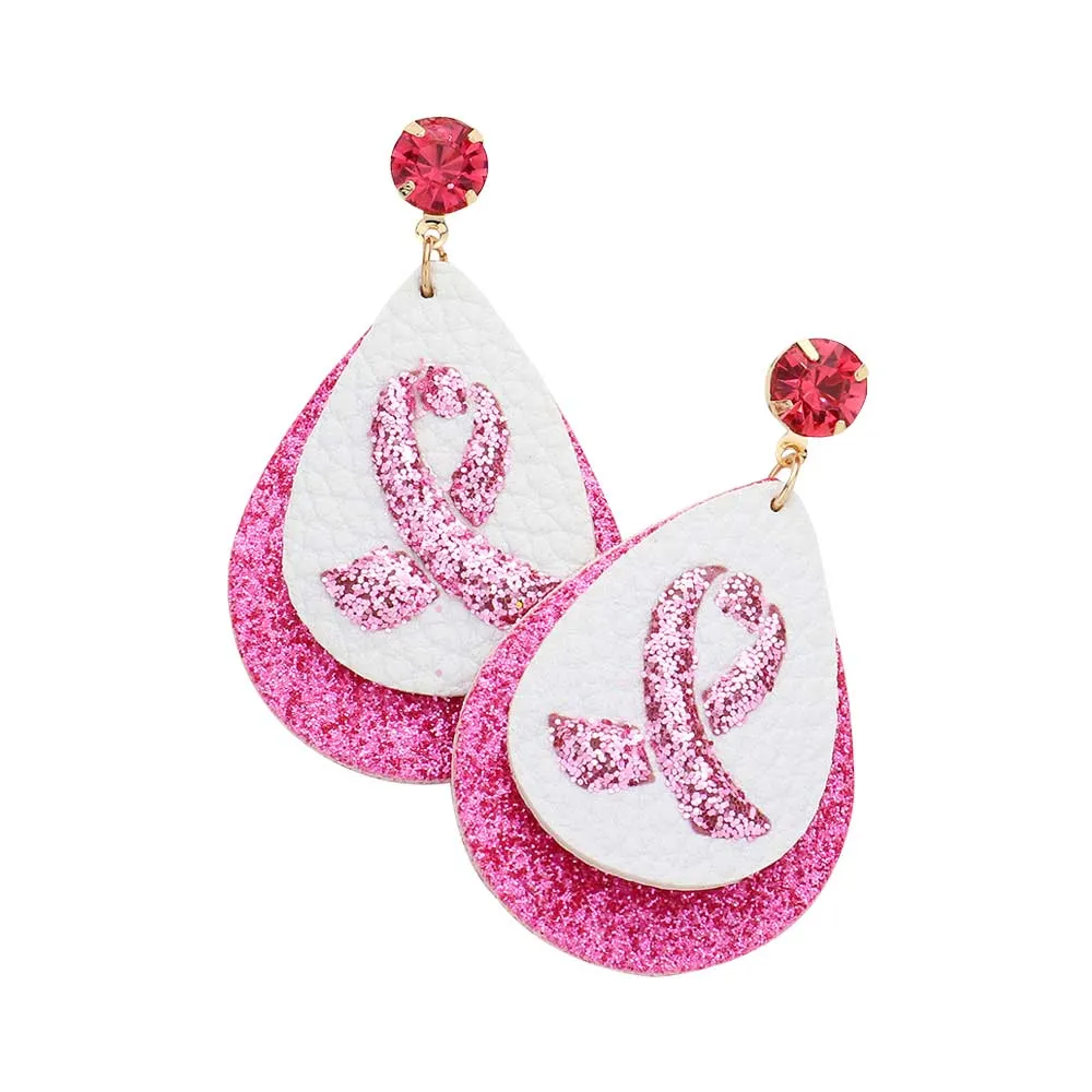 Round Stone Bling Pink Ribbon Accented Teardrop Earrings