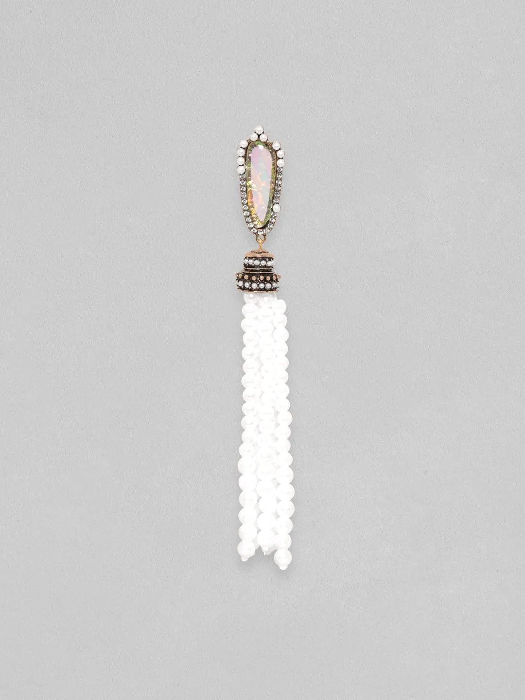 Rubans 18K Gold Toned Opal Studded White Pearl Beaded Fringe Dangle Earring