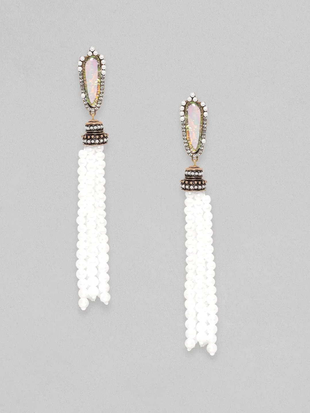 Rubans 18K Gold Toned Opal Studded White Pearl Beaded Fringe Dangle Earring