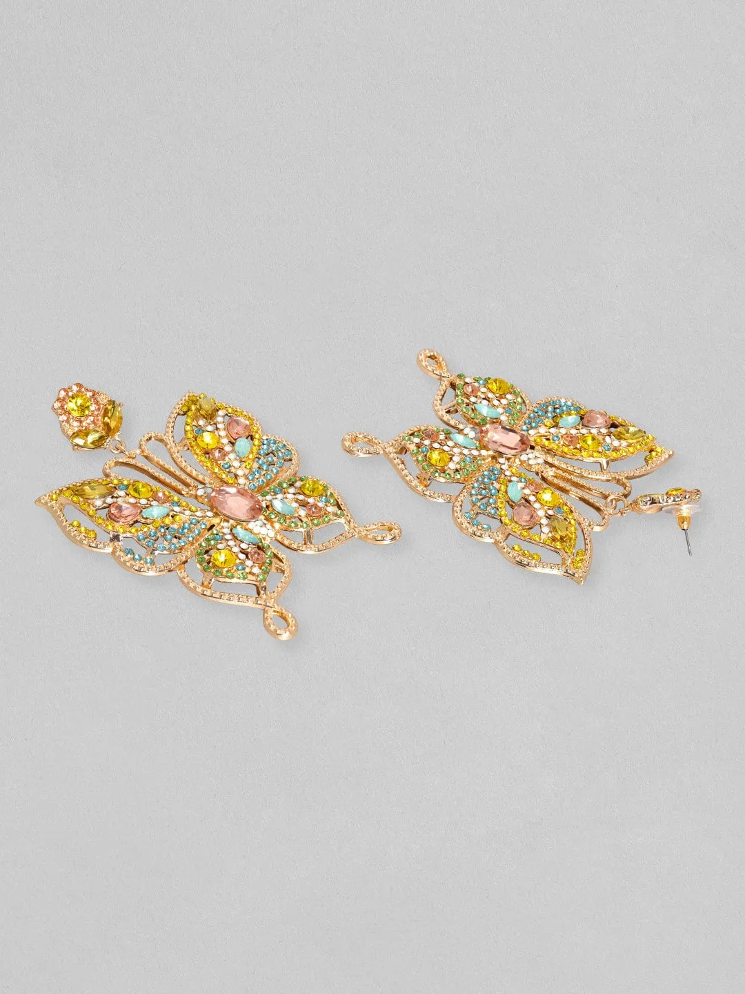 Rubans Rose Gold Toned Multicoloured Zircons Studded Statement Butterfly Dangle Earrings