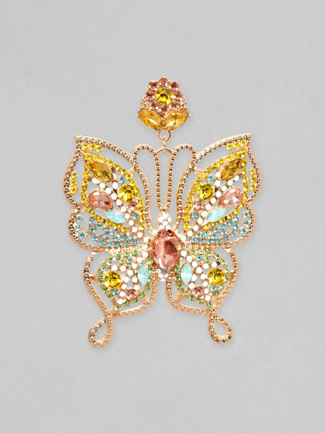 Rubans Rose Gold Toned Multicoloured Zircons Studded Statement Butterfly Dangle Earrings