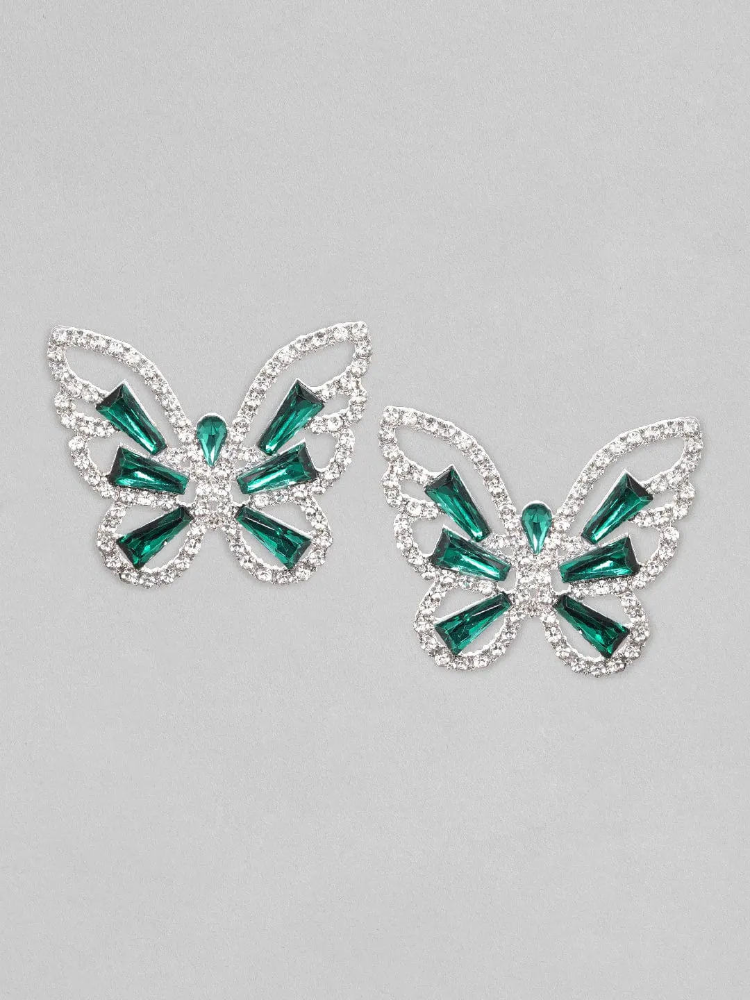 Rubans Voguish Silver Toned White & Blue Zircons Studded Butterfly Statement Earring