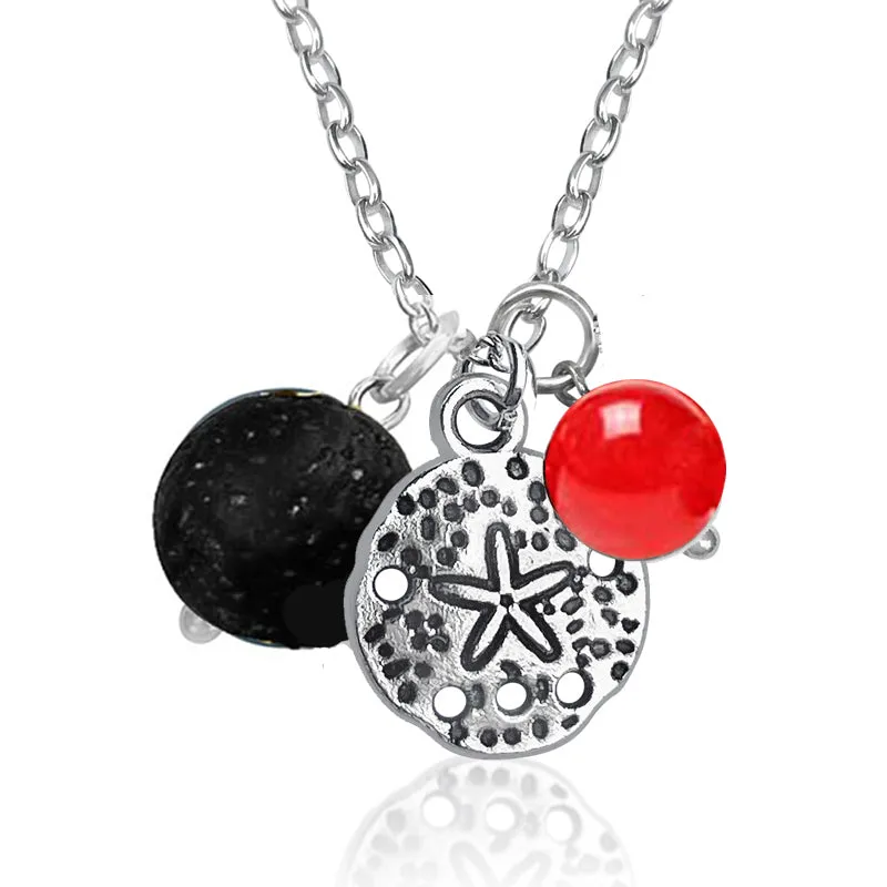 Sand Dollar Charm Necklace with Lava Stone and Red Jade