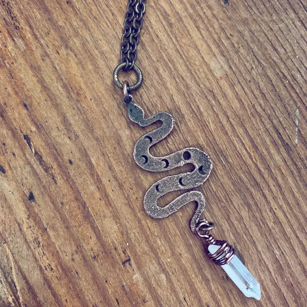 serpent // copper electroformed snake pendant necklace with angel aura quartz crystal