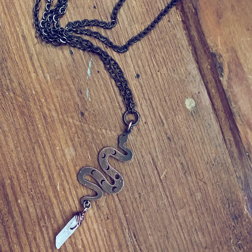 serpent // copper electroformed snake pendant necklace with angel aura quartz crystal