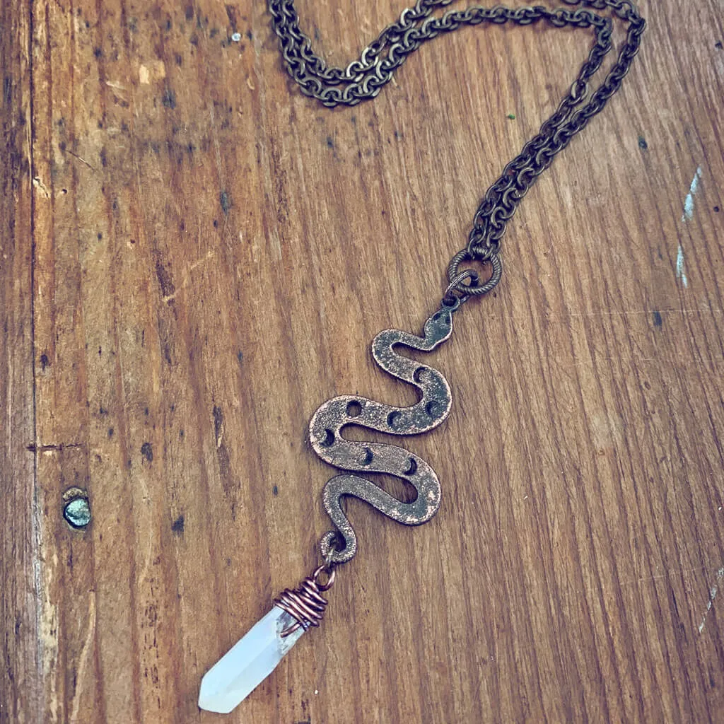 serpent // copper electroformed snake pendant necklace with angel aura quartz crystal