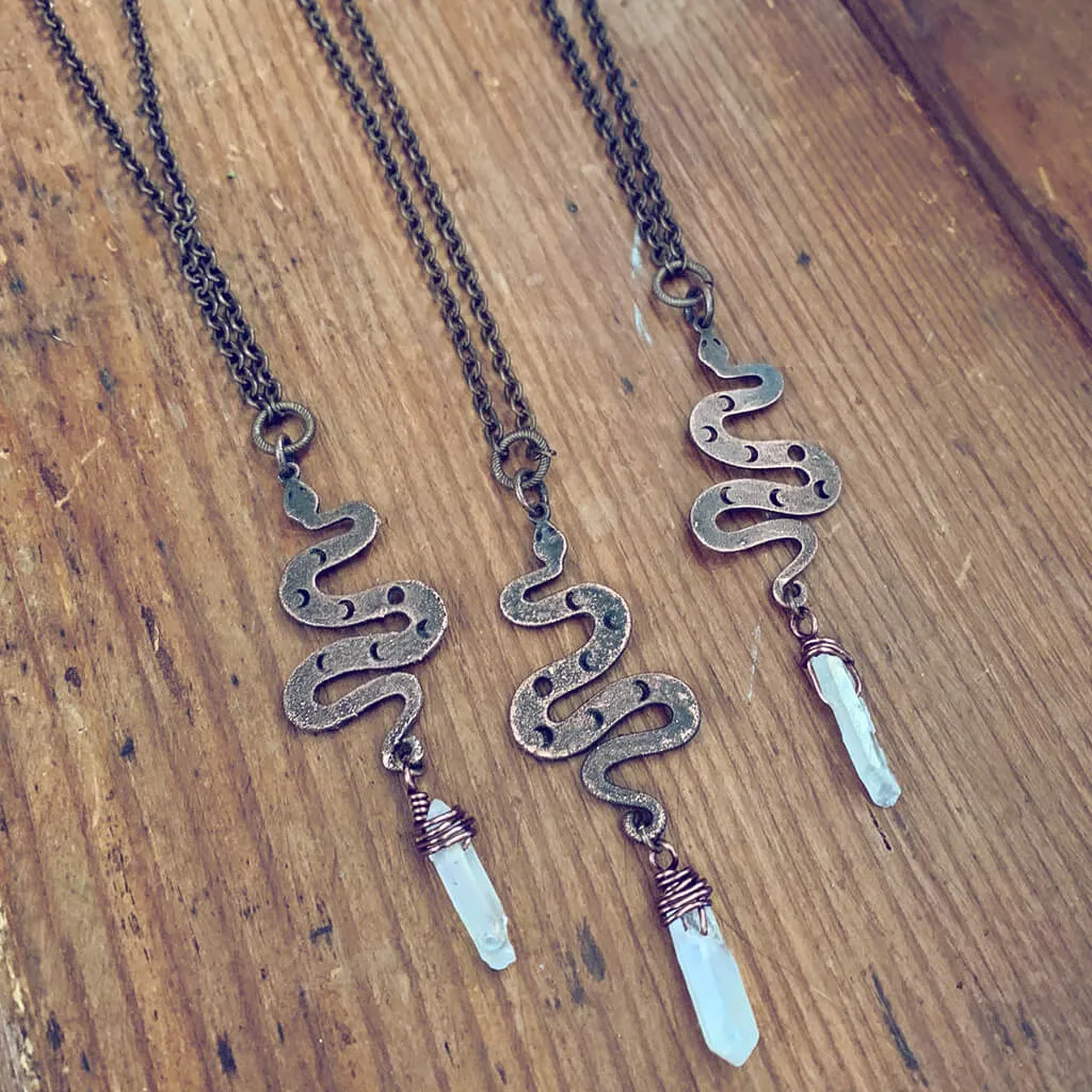 serpent // copper electroformed snake pendant necklace with angel aura quartz crystal