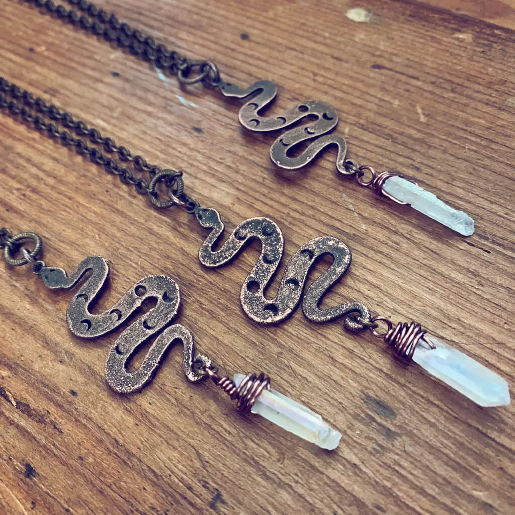 serpent // copper electroformed snake pendant necklace with angel aura quartz crystal