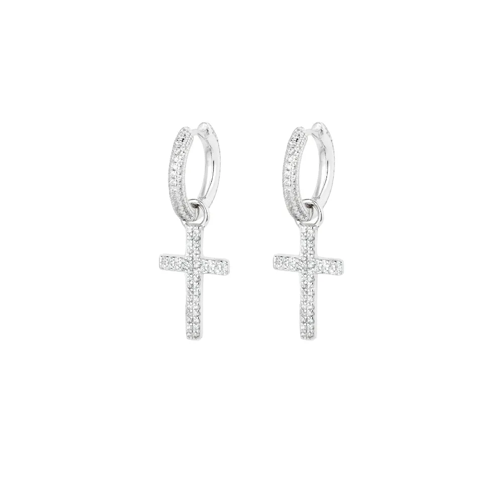 Silver Diamond Cross Earrings