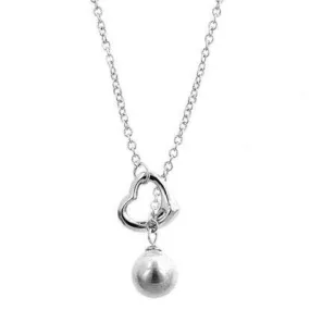 Silver Heart and Pearl Drop Lariat Necklace