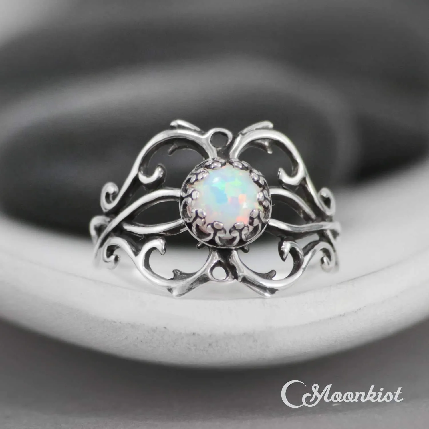 Silver Opal Botanical Filigree Engagement Ring | Moonkist Designs