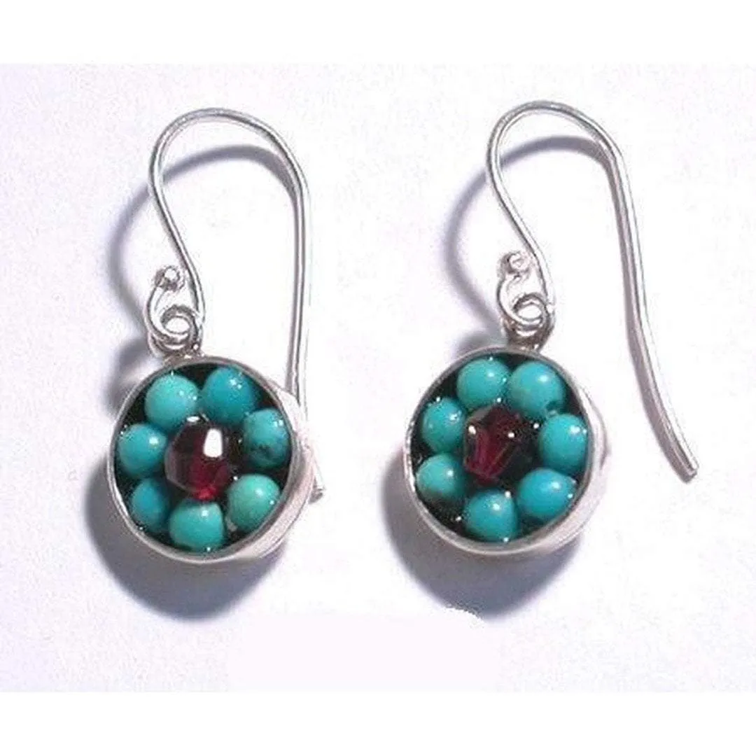 Sterling Silver Earrings, Turquoise Garnets Dangling Earrings  Israeli Jewelry