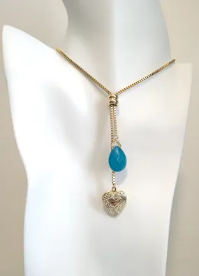 Teardrop Teal Jade with Engraved Heart Locket Slider Necklace