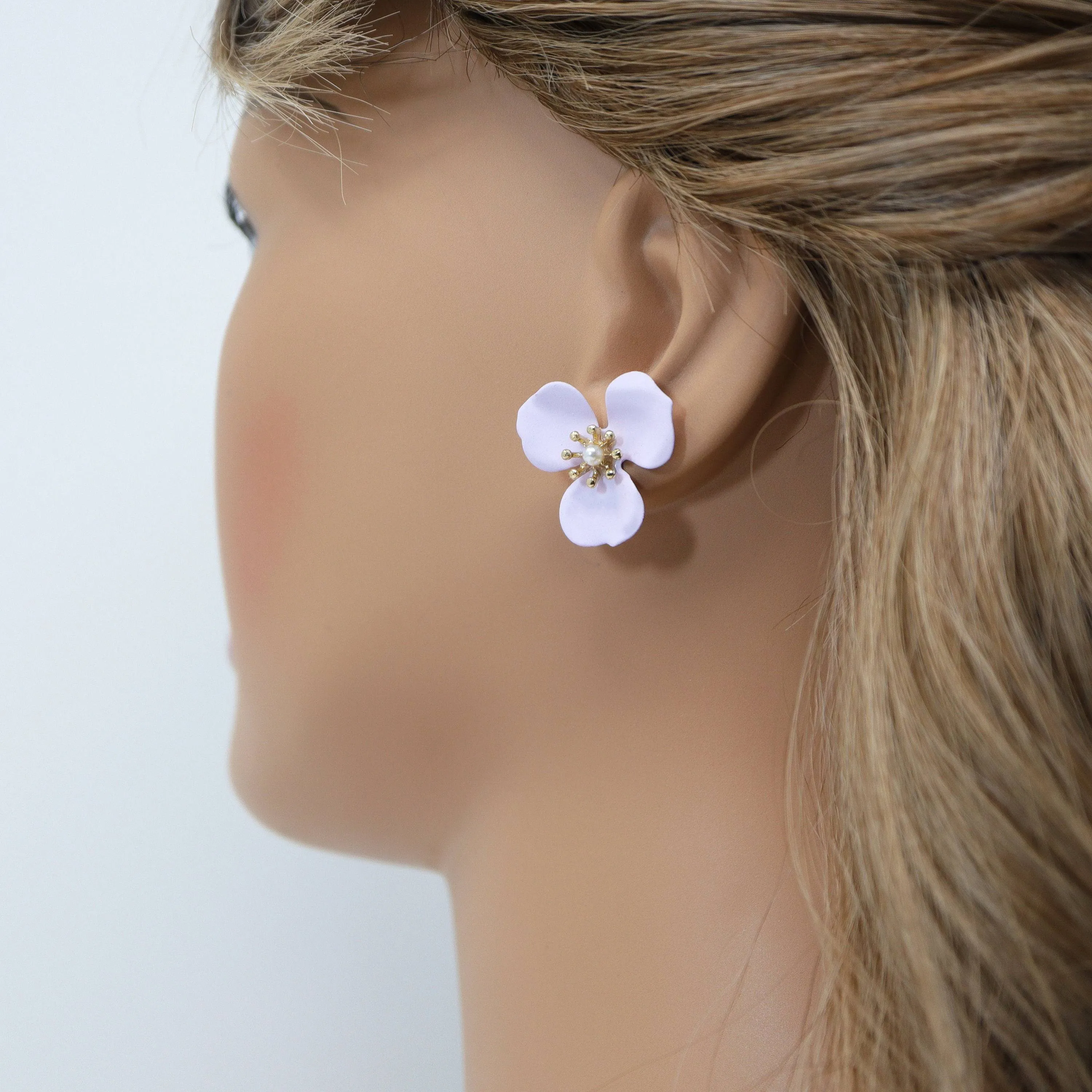 Three Petal Lavender Flower Pearl Earrings, Bridal Jewelry, Bridal Stud Earrings, Bridal Earrings, Statement Earrings, Bridesmaid Earring.