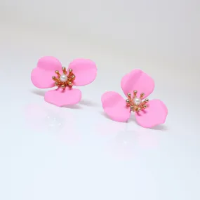 Three Petal Pink Flower Pearl Earrings, Bridal Jewelry, Bridal Stud Earrings, Bridal Earrings, Statement Earrings, Bridesmaid Earring.