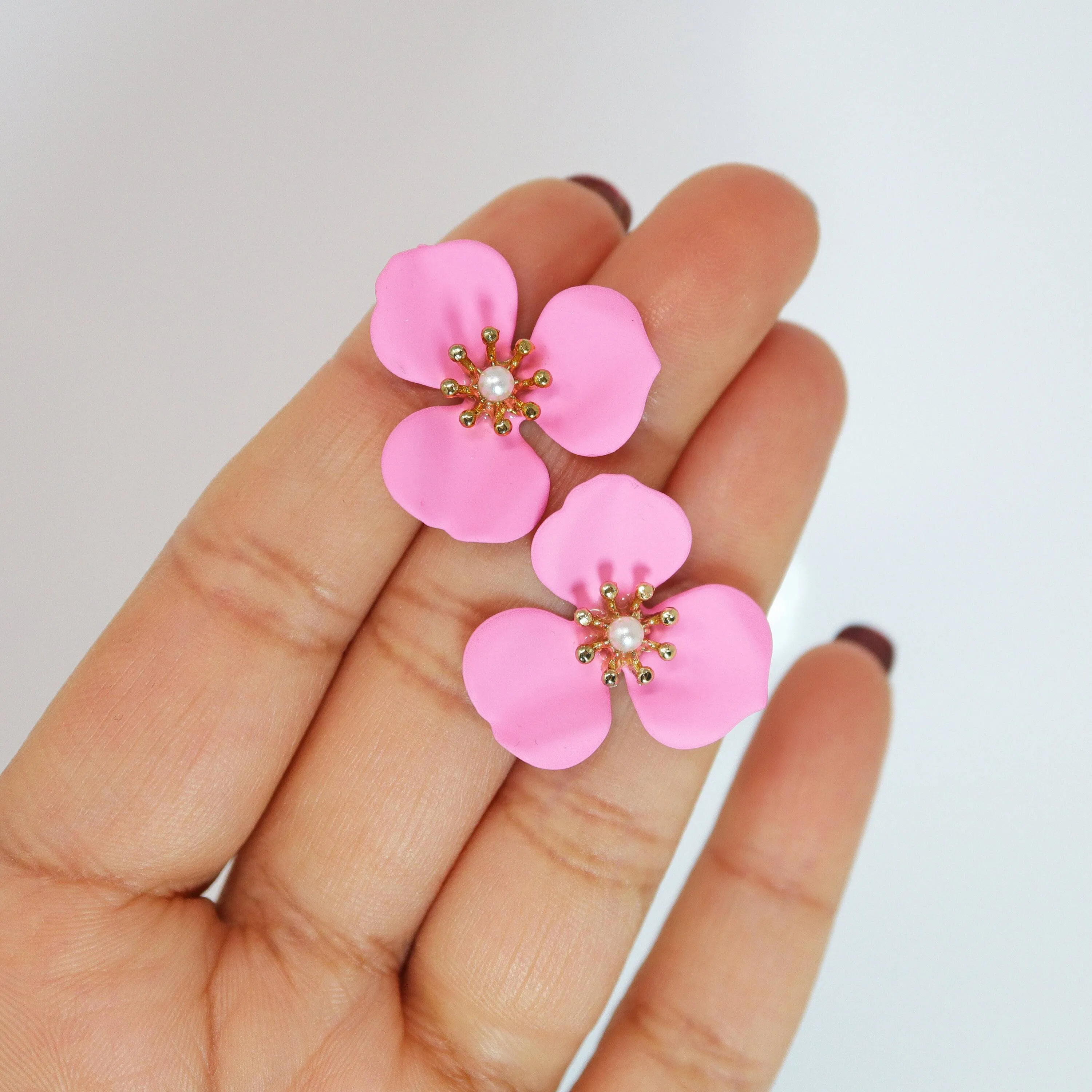 Three Petal Pink Flower Pearl Earrings, Bridal Jewelry, Bridal Stud Earrings, Bridal Earrings, Statement Earrings, Bridesmaid Earring.