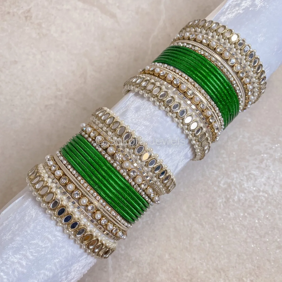 Urvi Mirror Bangle Set - Green