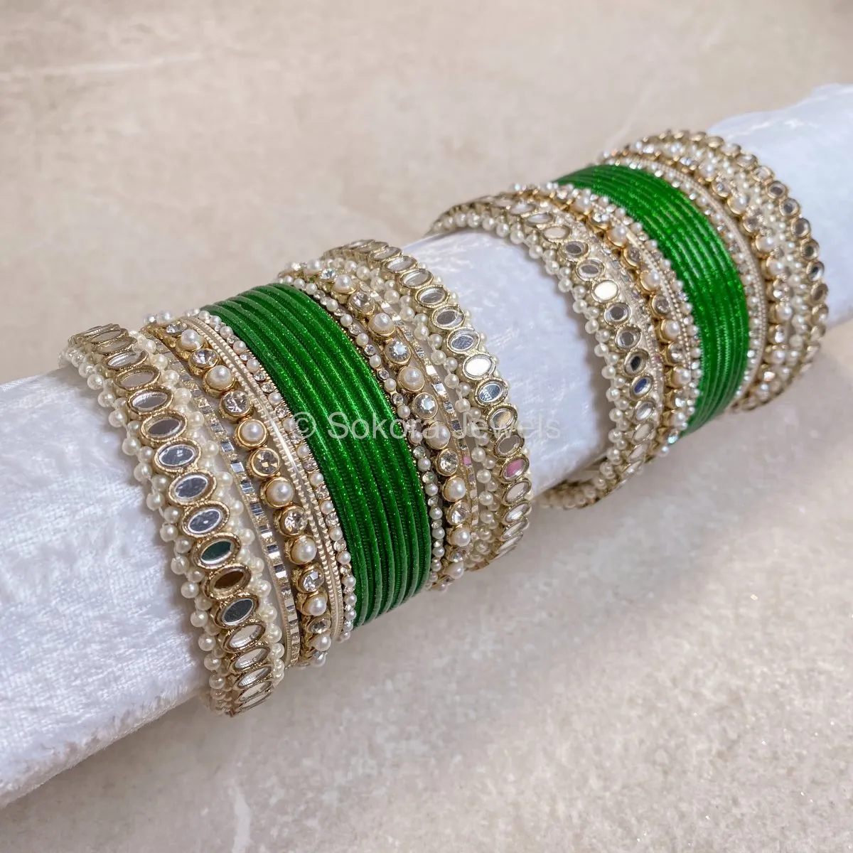 Urvi Mirror Bangle Set - Green