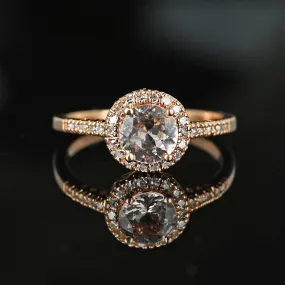 Vintage 14K Rose Gold Diamond Halo Pink Morganite Ring